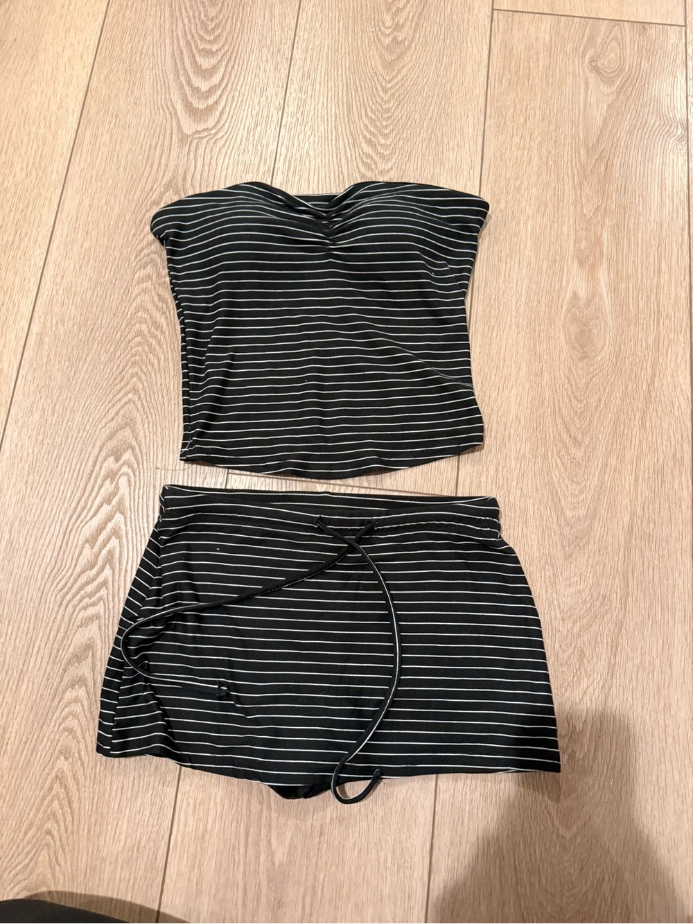 Striped Black Bandeau Top & Skirted Shorts Set